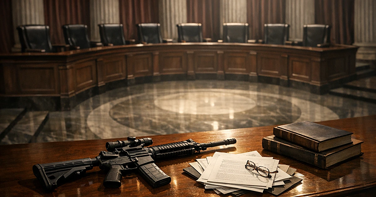 Overhead view of Supreme Court bench with AR-15 rifle on table in foreground surrounded by legal documents