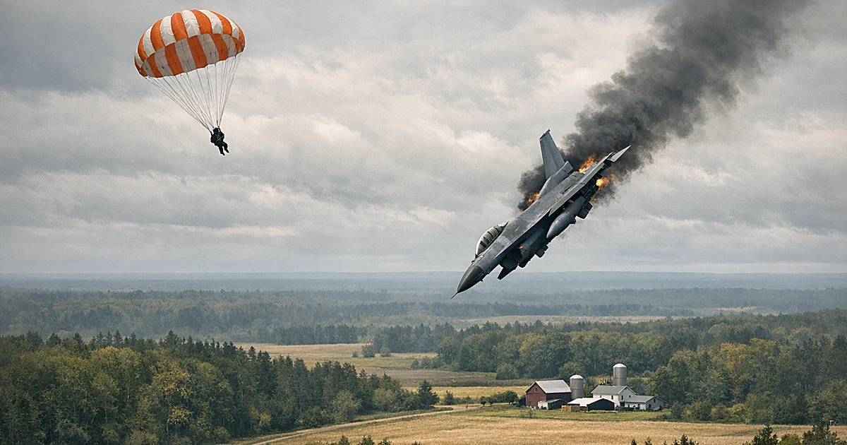 F-16 fighter jet descending toward rural farmland with deployed ejection parachute floating above in cloudy sky