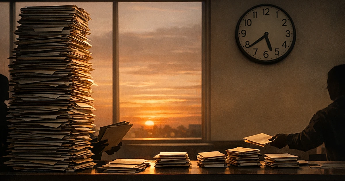 Silhouetted hands sorting documents into unequal piles on desk in government office with sunset through window