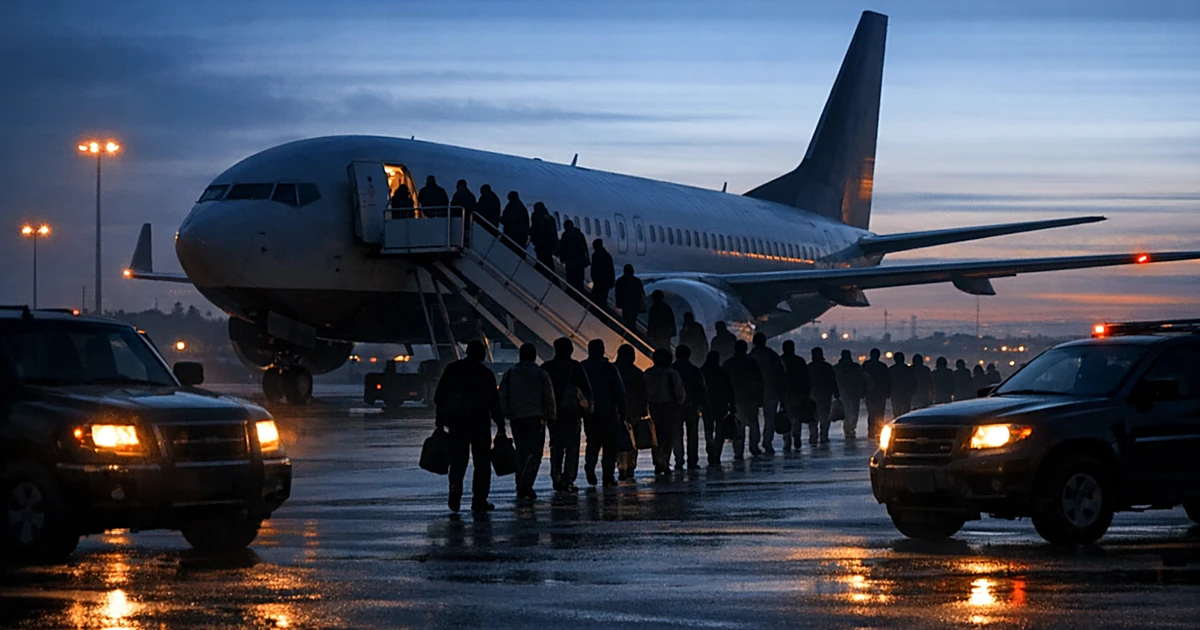 Silhouetted people boarding aircraft on tarmac at dusk, flanked by official vehicles with headlights illuminated