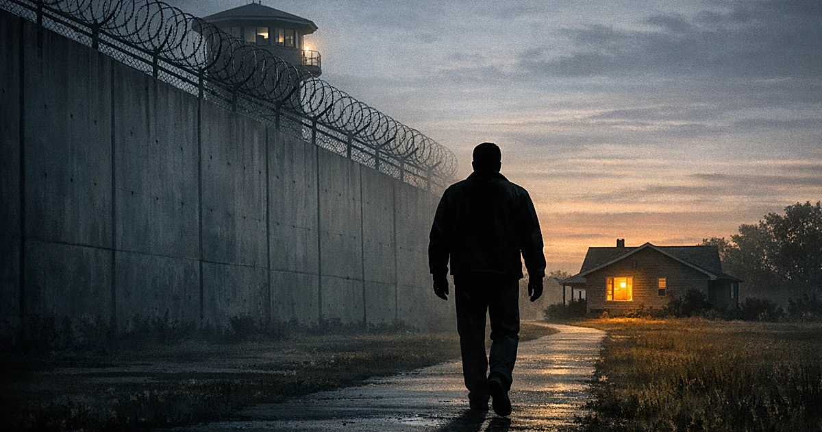 Silhouetted person walking from prison walls toward a lit house in the distance at dusk