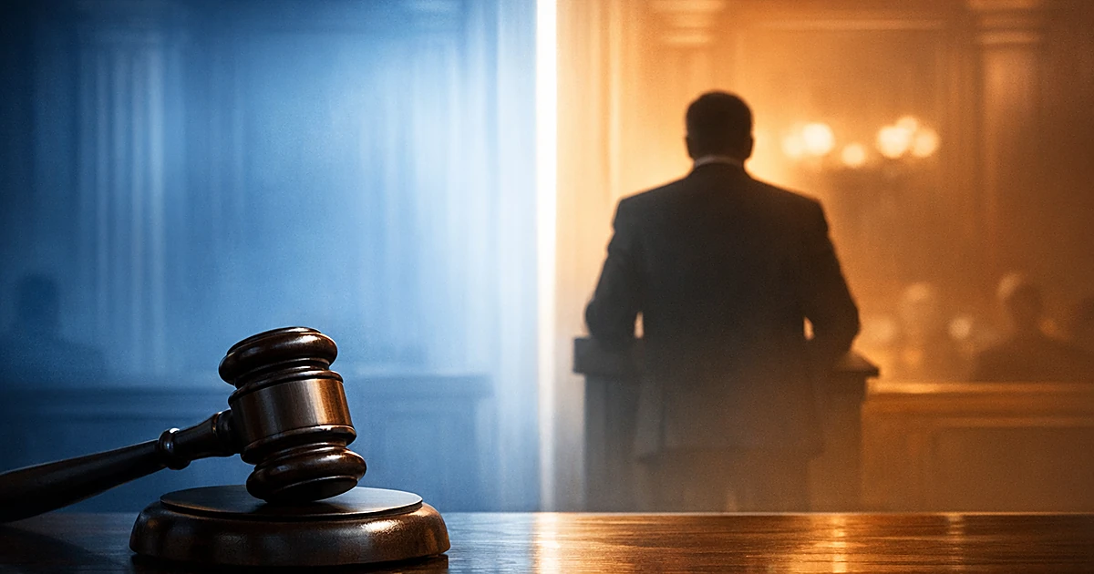 Courtroom gavel on bench with silhouetted figure at podium, split lighting showing jurisdictional divide