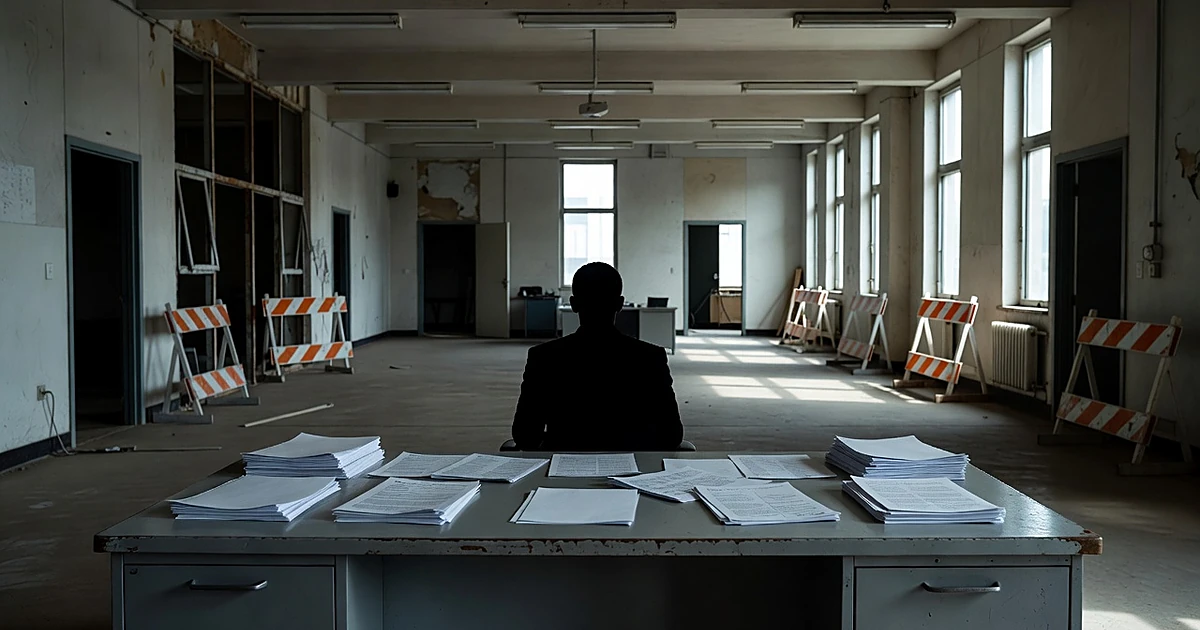Silhouetted official at desk in government building with construction barriers suggesting institutional changes