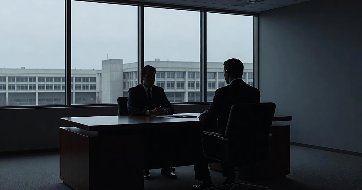 Silhouetted figures in tense meeting across desk with government buildings visible through windows