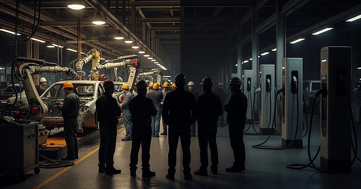 Split factory scene showing active gas car production line contrasted with idle EV charging infrastructure