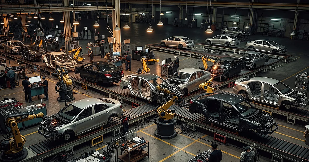 Auto factory floor showing active gasoline vehicle assembly lines with idle electric vehicle production area in background