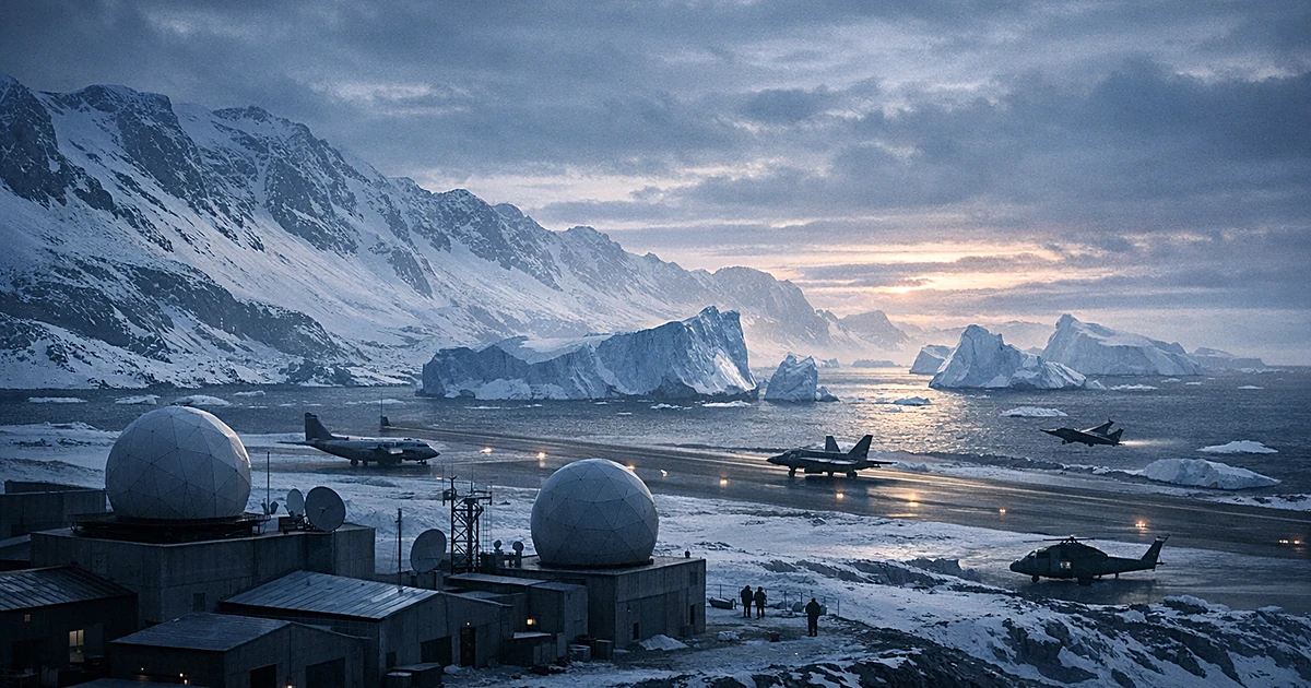 Aerial view of military installation on Greenland's snowy terrain with radar domes and icebergs in Arctic waters