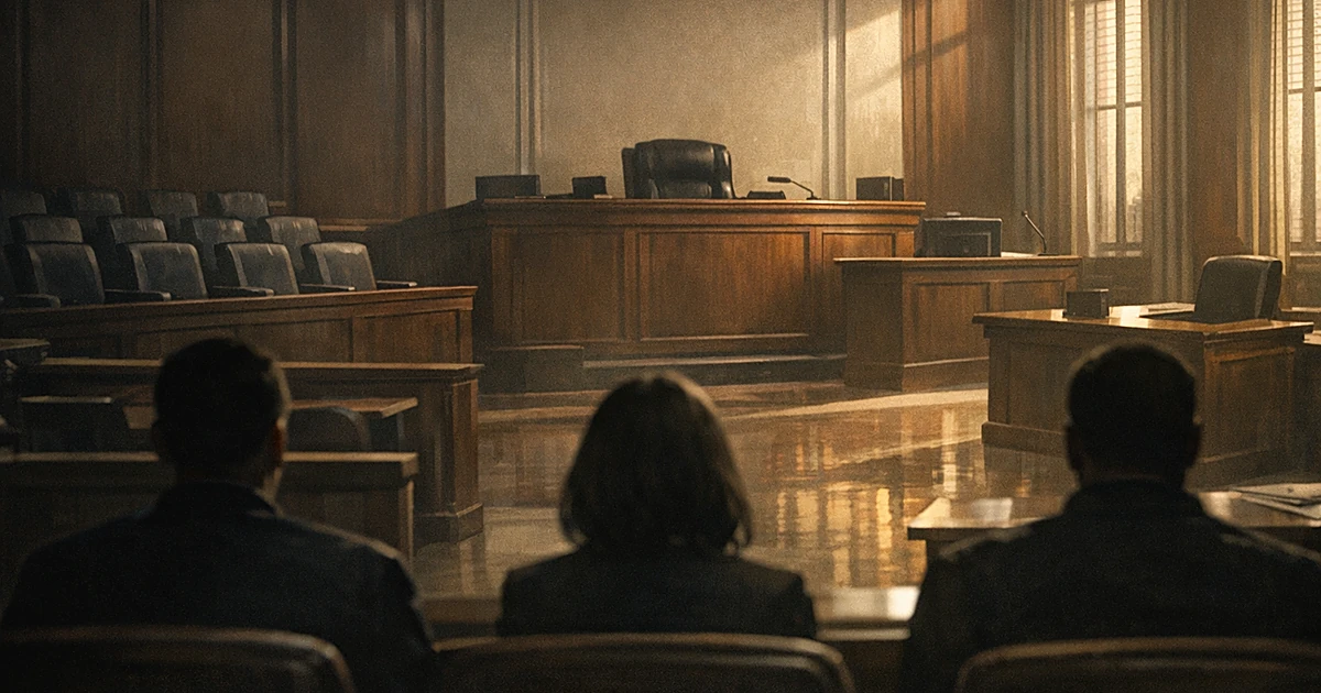 Empty courtroom with vacant jury box and judge's bench in afternoon light after mistrial declaration