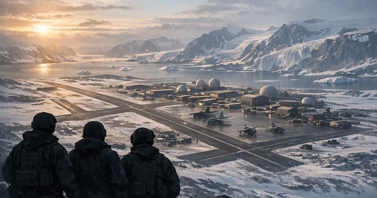 Aerial view of military airbase on Greenland's Arctic terrain with silhouetted personnel overlooking icy landscape