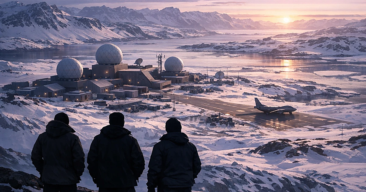Silhouetted figures viewing military installation on snowy Arctic landscape with radar domes and concrete structures