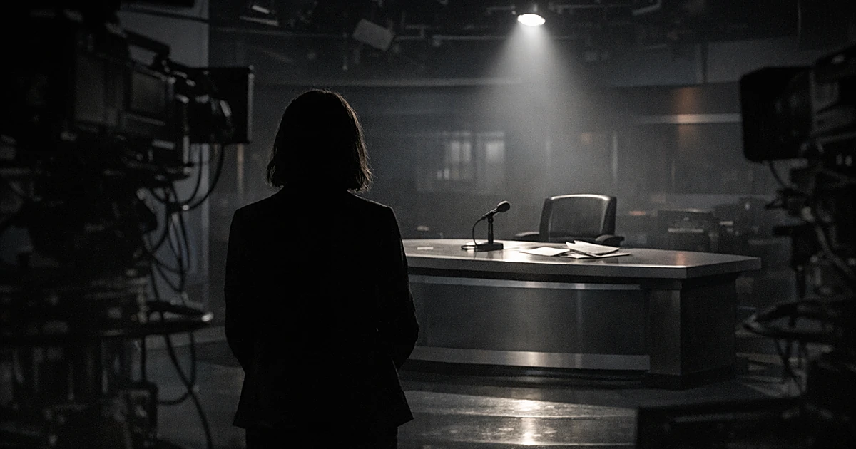 Silhouetted figure facing empty television anchor desk in darkened studio with single spotlight