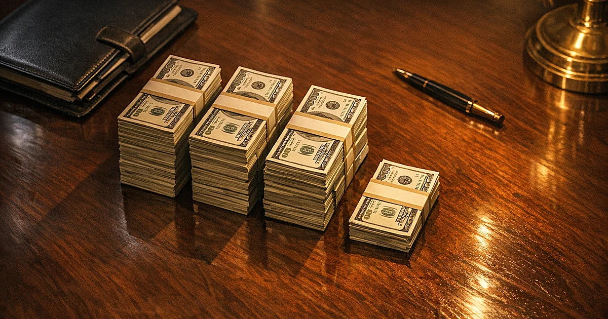 Four stacks of cash on a mahogany desk, three tall stacks and one shorter, lit by warm lamplight