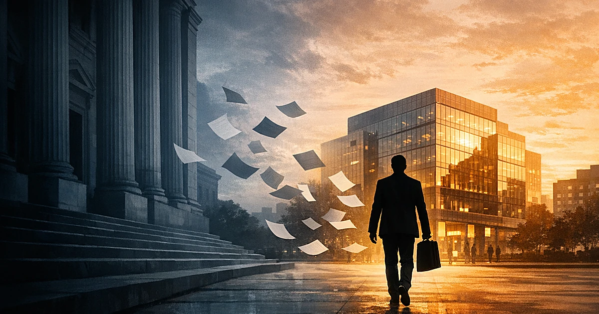 Silhouette of person walking from government building toward corporate office, papers blowing in wind between them