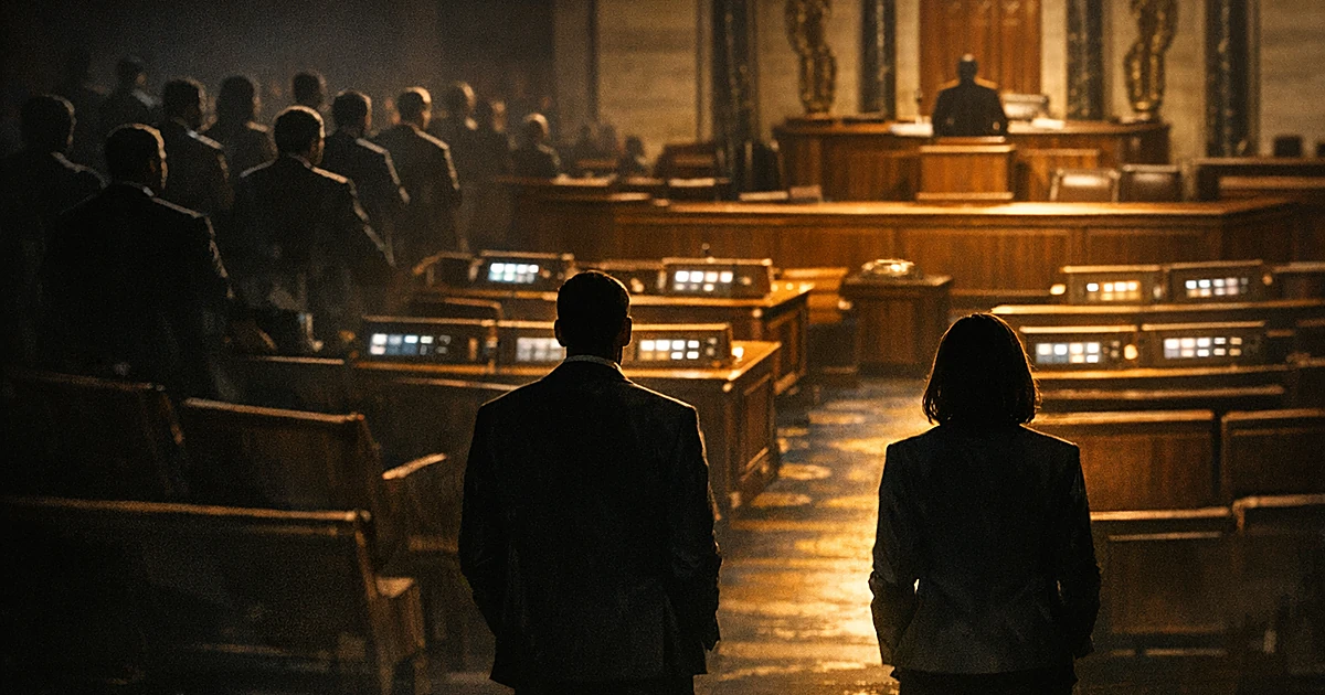 Two silhouetted figures standing apart from a group in a legislative chamber, representing political division