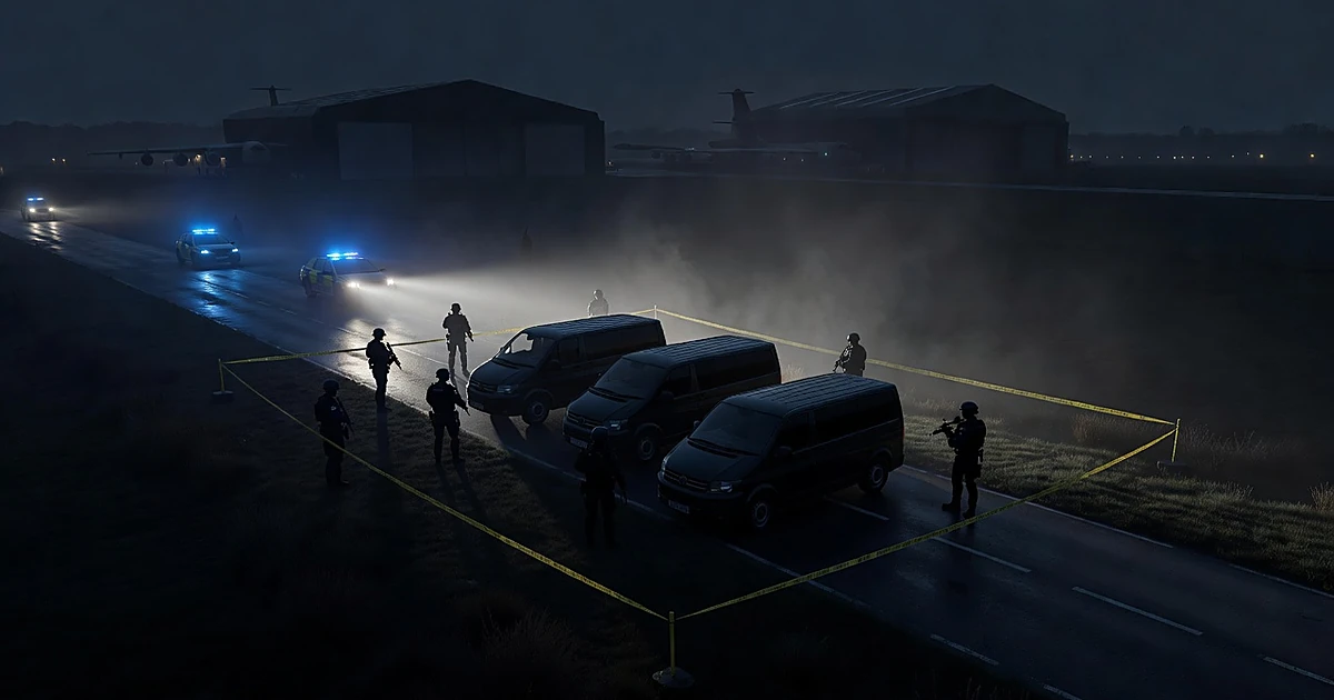 Police silhouettes surrounding three vans near military base perimeter at night with emergency lights