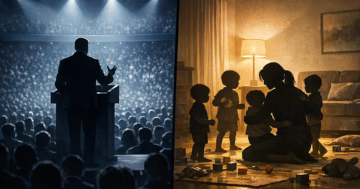 Split scene contrasting political stage with silhouetted speaker and home interior with parent caring for four children