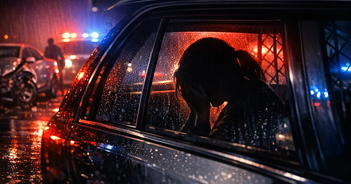 Silhouette of person in patrol car at night with emergency lights reflecting on street near damaged vehicles