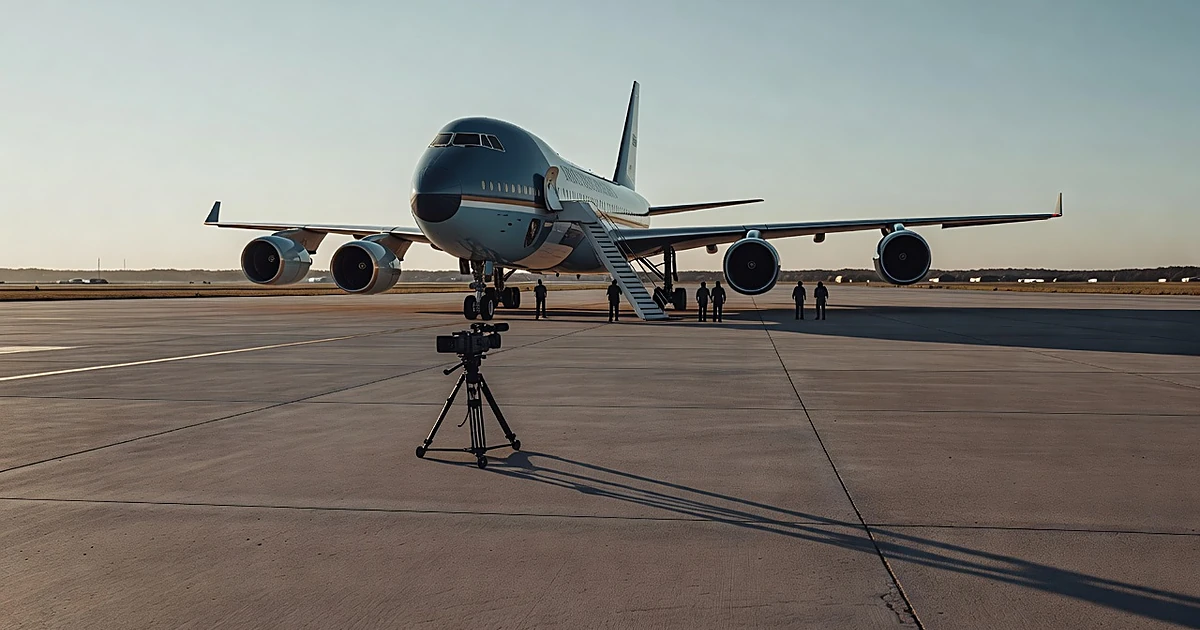 Unmanned TV camera in foreground with presidential aircraft and boarding stairs in background on airport tarmac