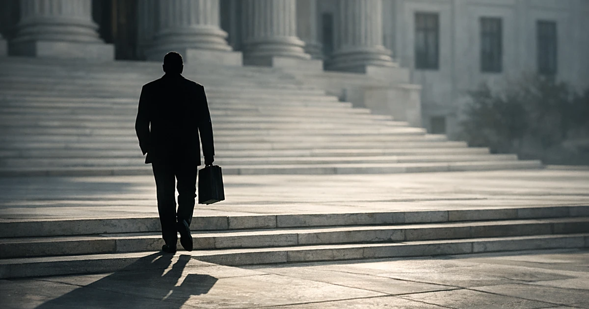Silhouetted figure with briefcase walking away from government building columns in harsh light