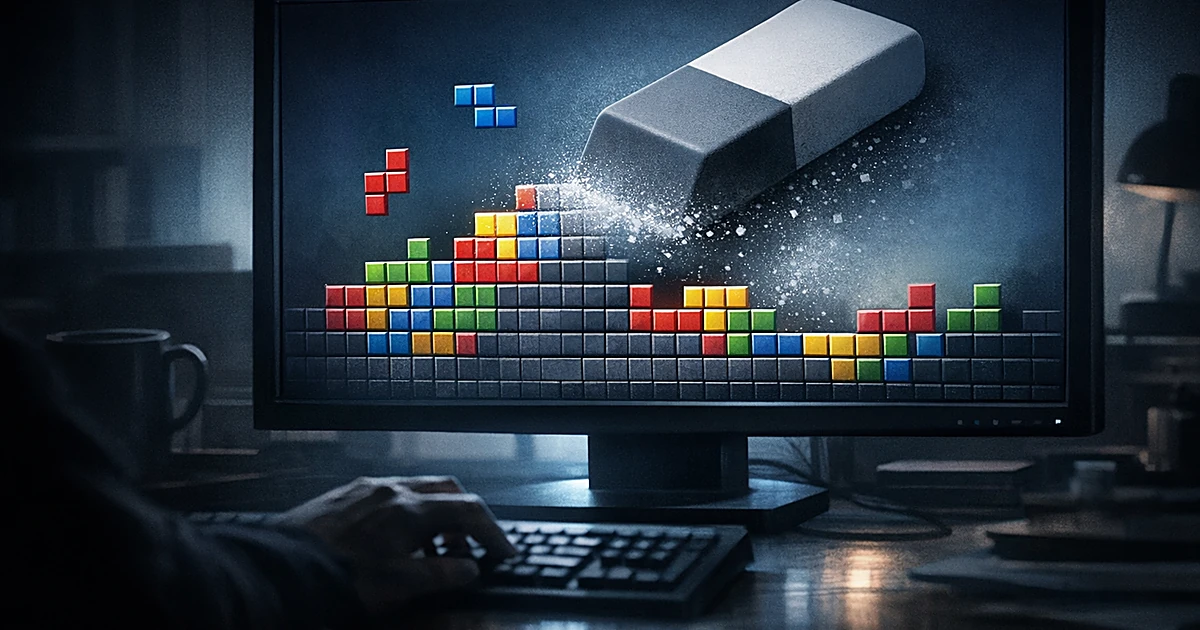 Computer screen showing falling blocks forming a wall being erased, with silhouetted hand at keyboard in dim office
