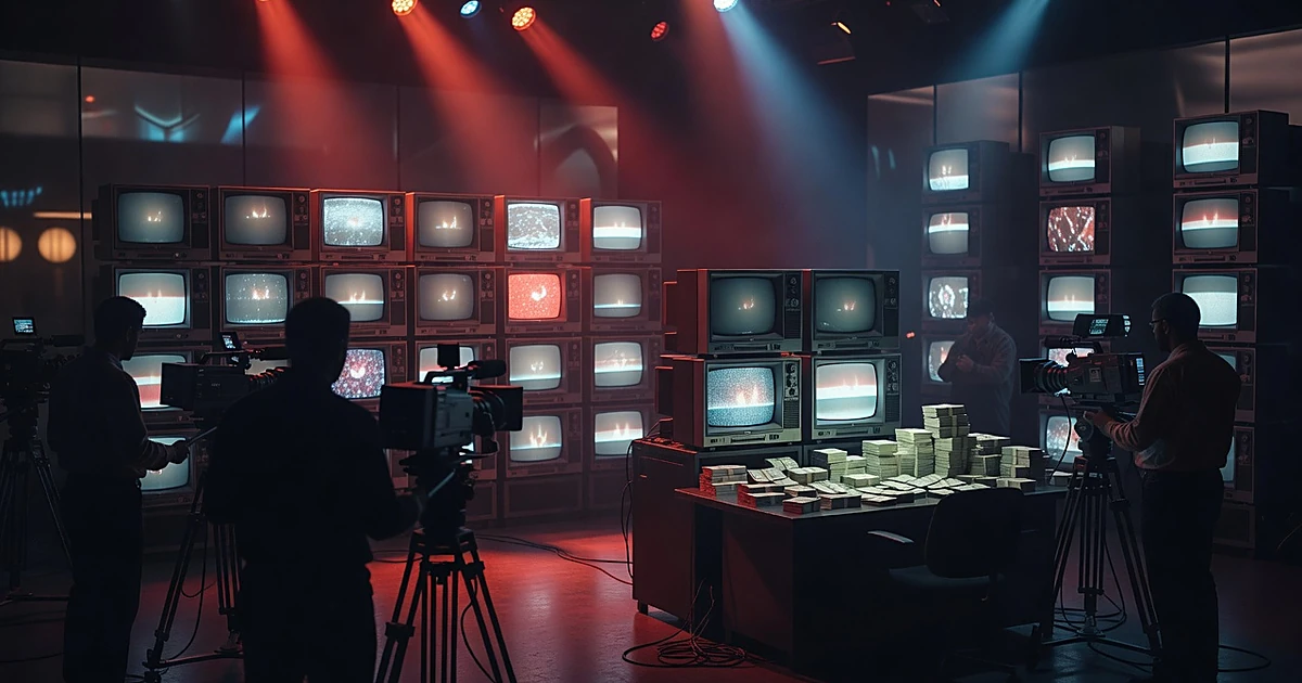 TV studio with stacked monitors, silhouetted crew, and illuminated money on desk in dramatic red-blue lighting