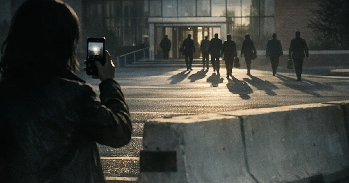 Silhouette of person holding phone in restricted courthouse parking area filming people exiting building