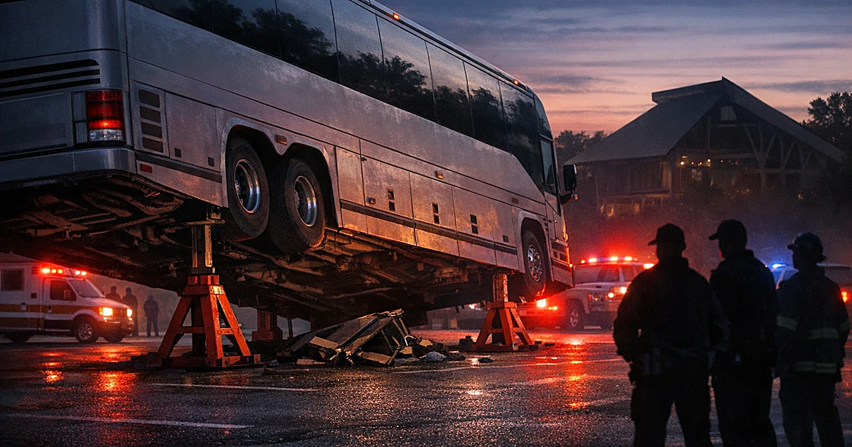 Tour bus with collapsed jack stand in parking lot illuminated by emergency vehicle lights at dusk