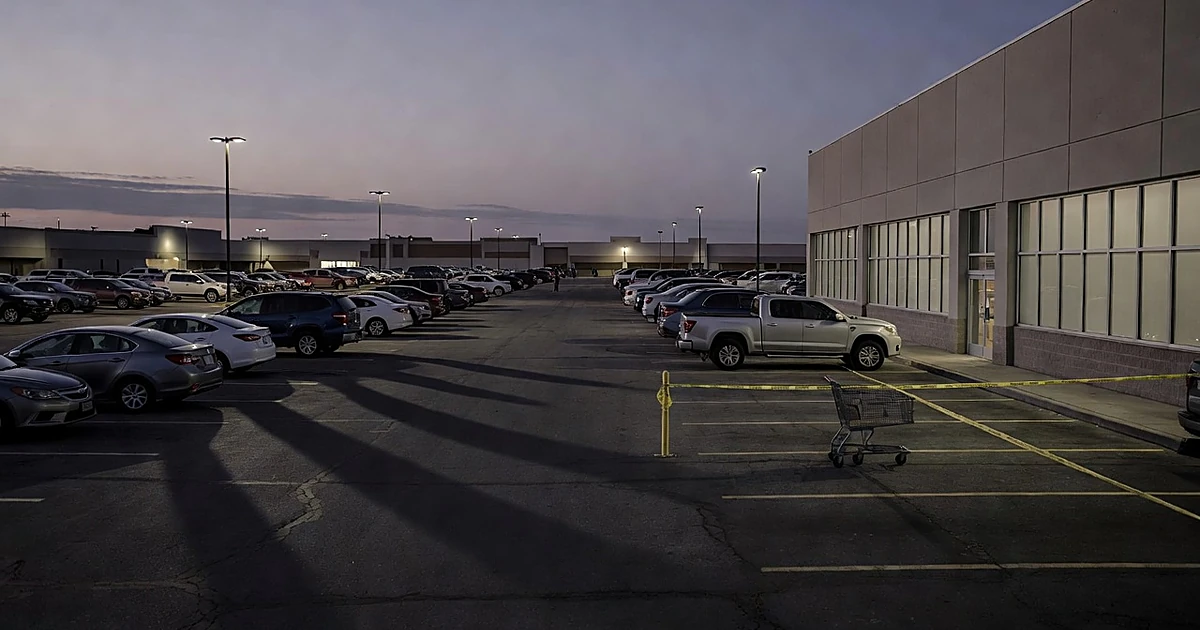 Empty parking lot at dusk with caution tape cordoning off area near store entrance, abandoned shopping cart visible