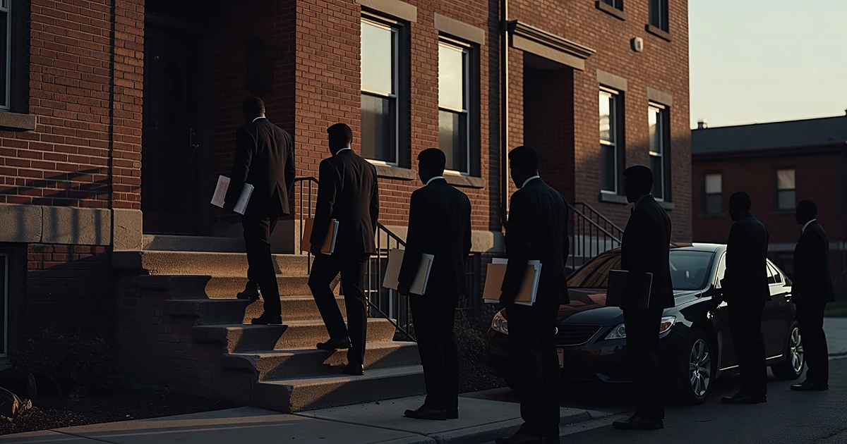 Silhouetted federal agents approaching a townhouse entrance at dawn carrying document folders during an investigation