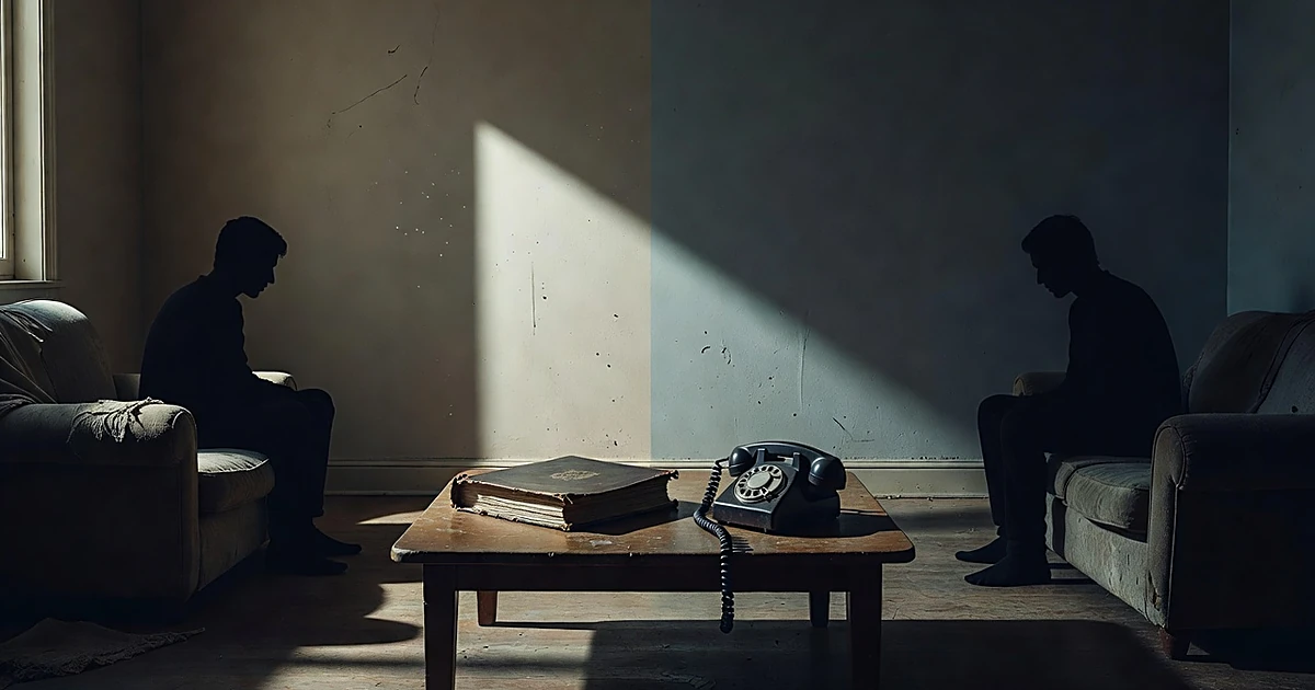 Two silhouetted figures seated apart in a shadowy room with a photo album and telephone between them