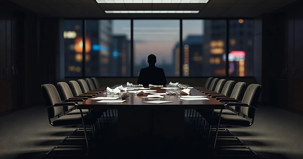 Silhouette of person sitting alone at conference table in dimly lit government office with scattered papers