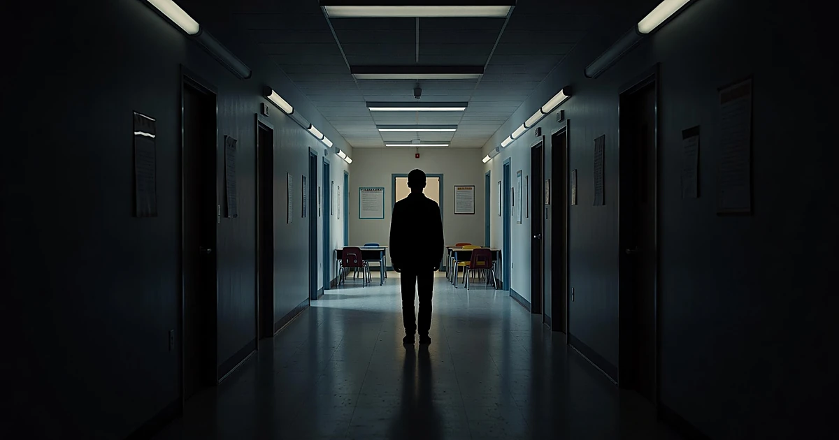 Silhouetted figure in shadowy elementary school hallway facing classroom doorway with small chairs visible inside
