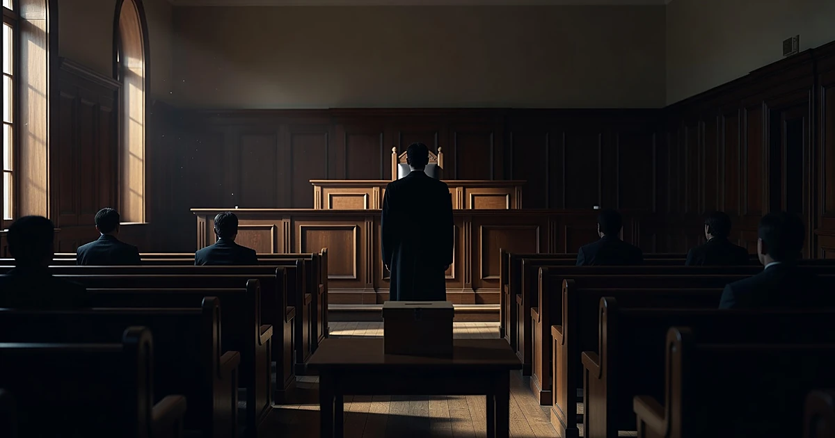 Silhouetted figure stands in federal courtroom with ballot box in foreground and judge's bench illuminated by window light