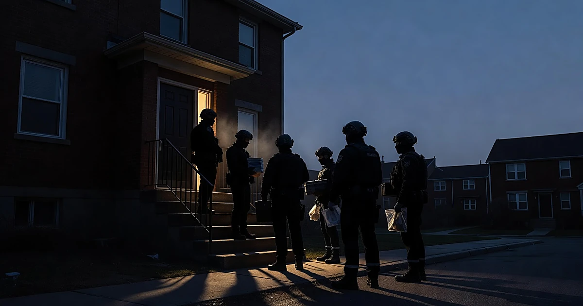 Silhouetted law enforcement figures with evidence boxes at a townhouse entrance during predawn hours