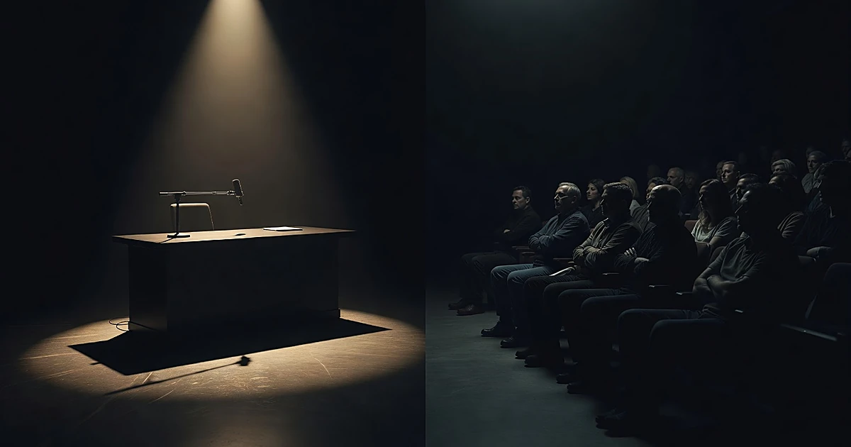 Split scene of empty TV studio desk under spotlight with silhouetted audience members in shadows