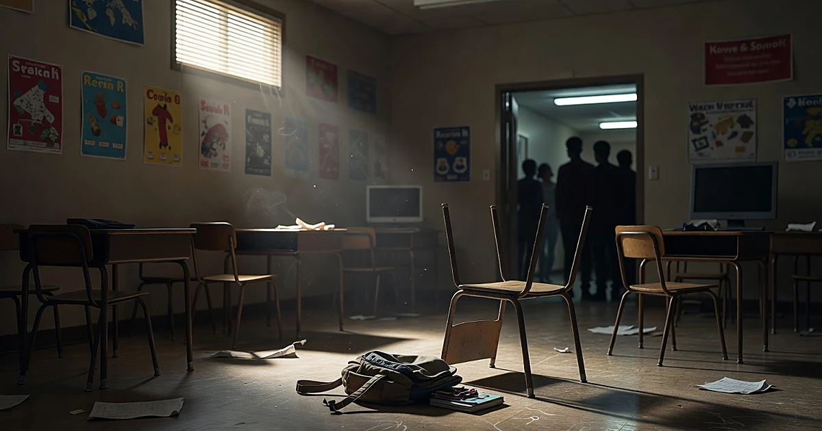 Empty elementary classroom with scattered furniture and afternoon light streaming through blinds