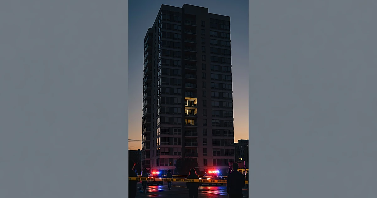 High-rise apartment building at dusk with illuminated balcony and police tape at ground level