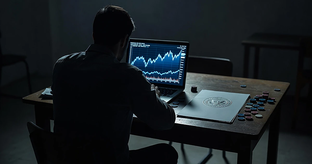 Silhouetted person at computer with market charts, official document, and betting tokens on desk in dim lighting