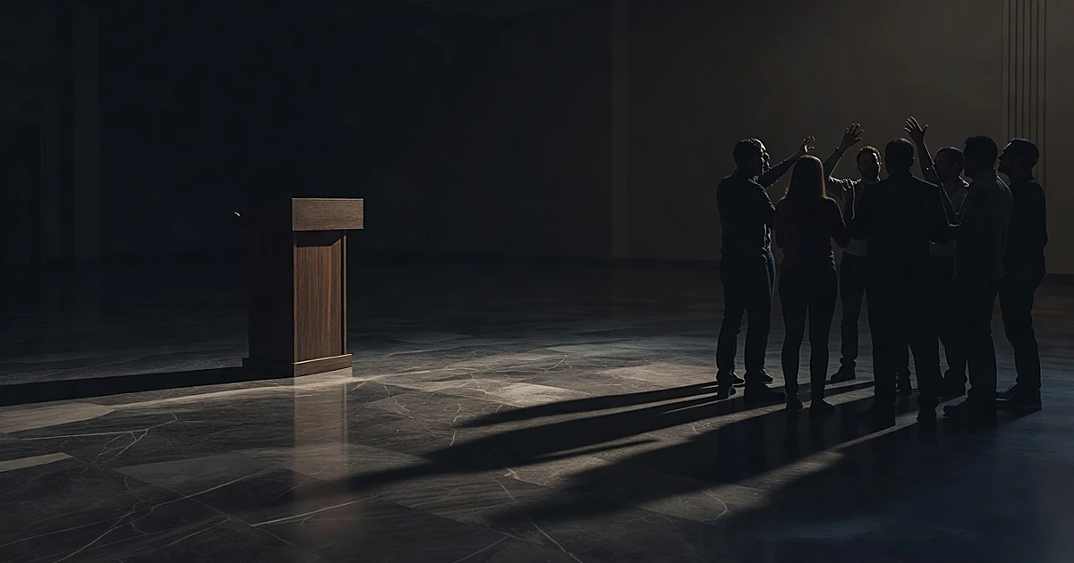 Empty podium in spotlight separated from group of silhouetted figures in discussion, showing division and silence
