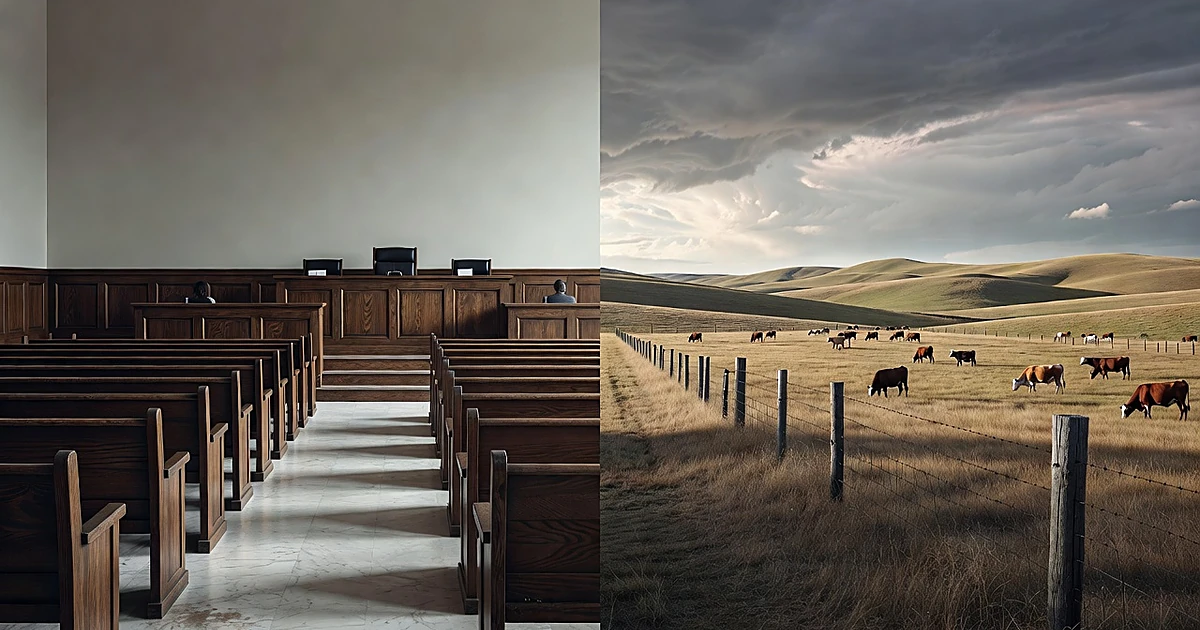 Split scene showing empty courtroom on left and cattle ranch landscape on right, divided by sharp vertical line