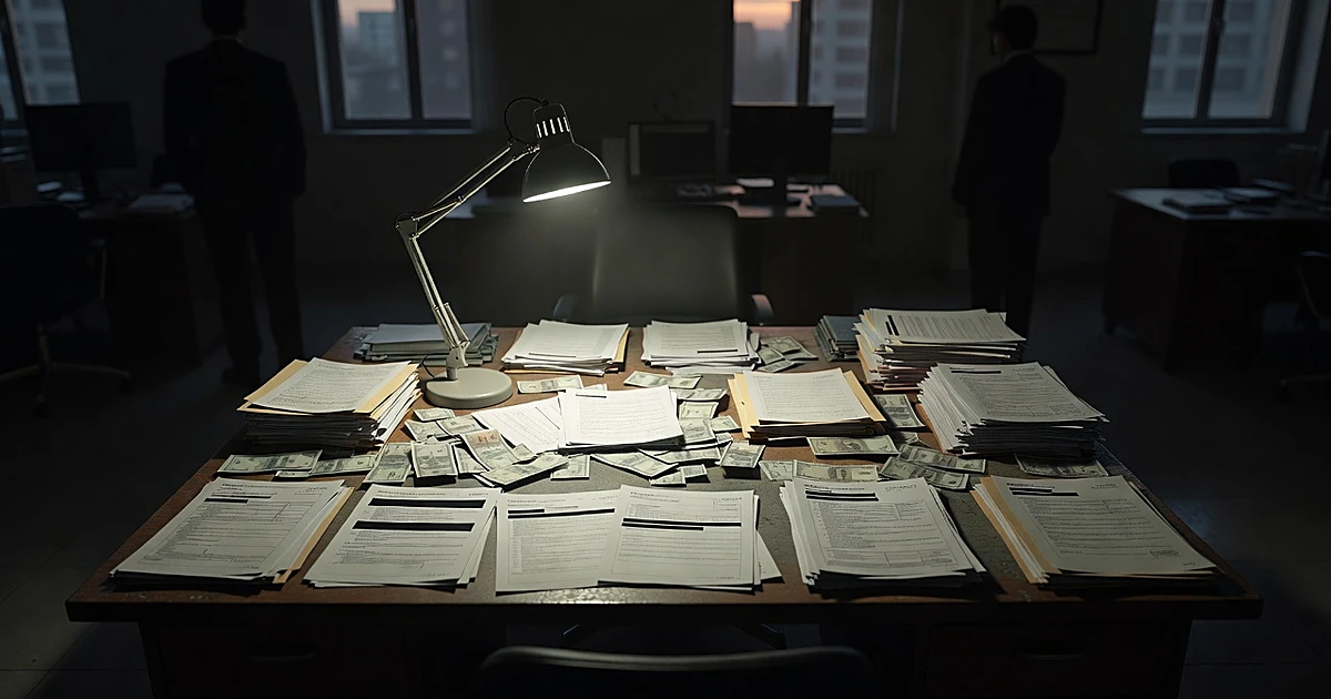 Overhead view of investigation desk with documents and silhouetted figures in government office