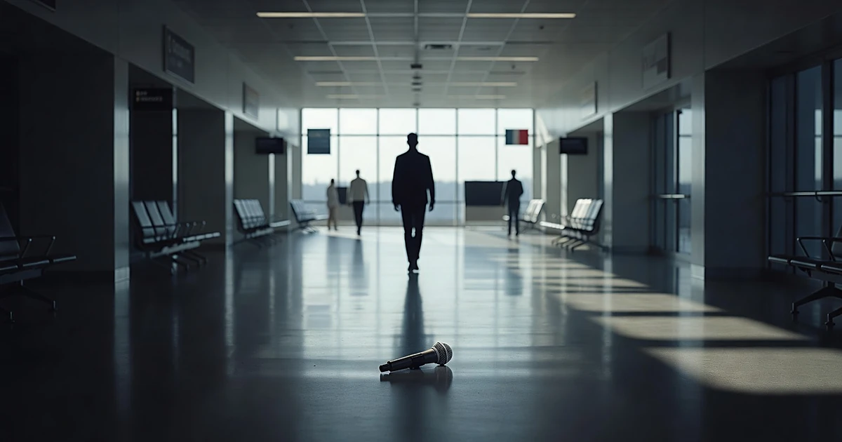 Silhouetted figure walking away in airport terminal with abandoned microphone in foreground
