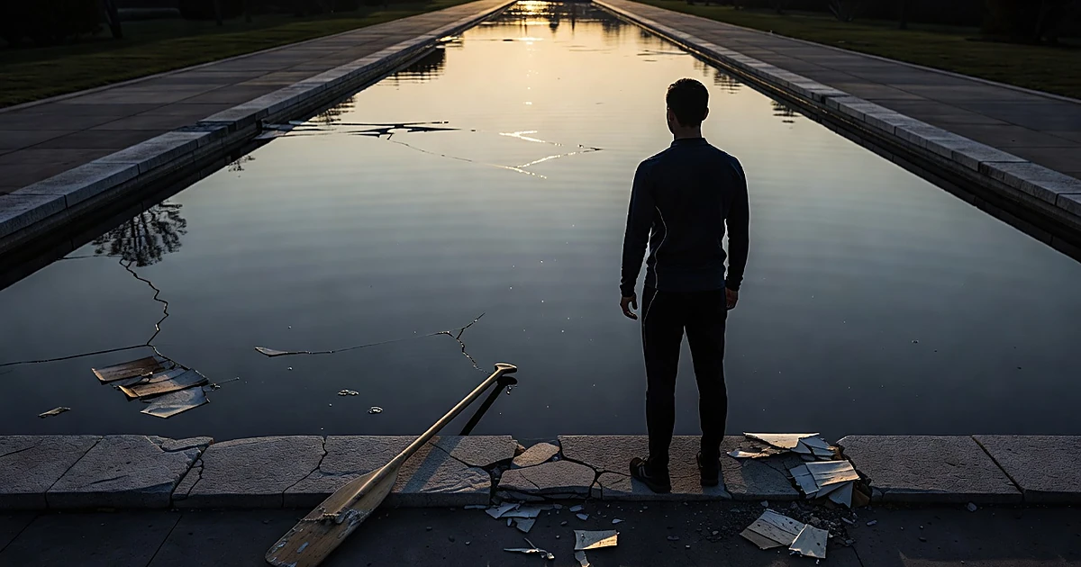 Damaged reflecting pool at dusk with torn sealant visible, canoe paddle resting at edge, silhouetted figure viewing scene