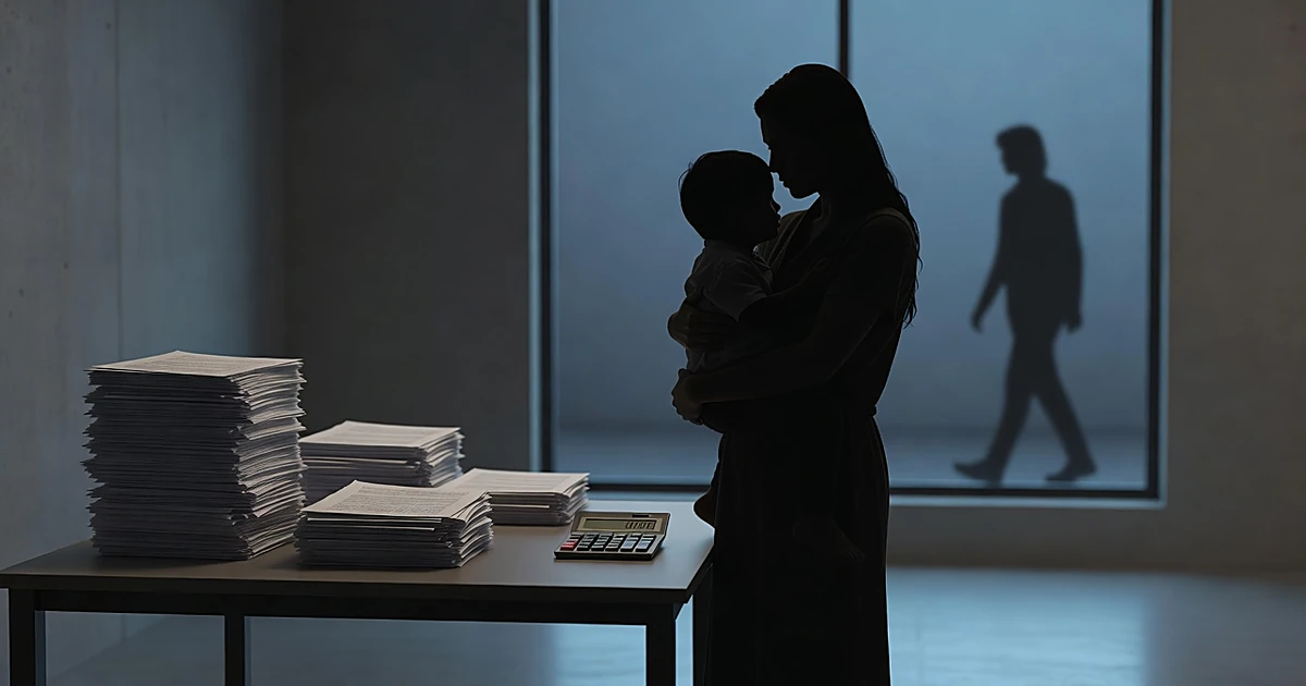 Silhouetted woman with child in dimly lit room as distant figure walks away, diminishing stacks of papers nearby