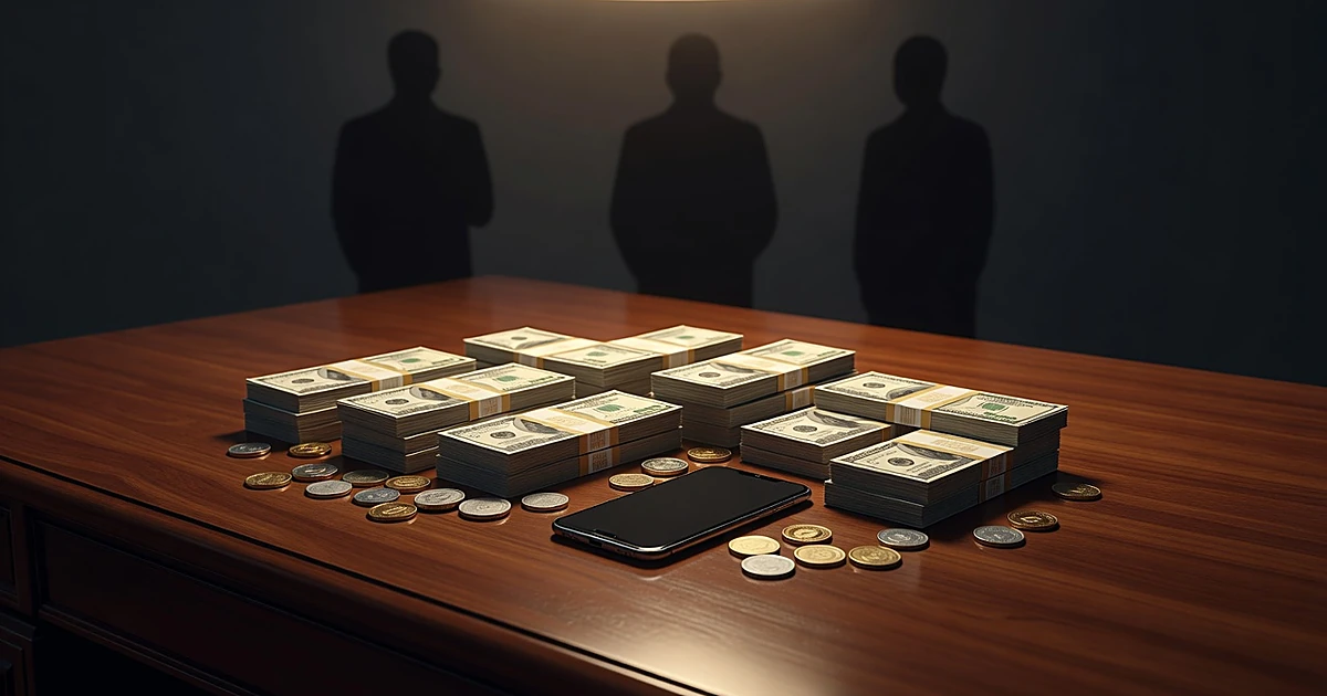 Overhead view of cash bundles, cryptocurrency coins, and phone on desk with silhouetted figures in background