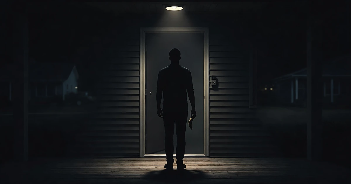 Silhouetted figure holding banana stands at illuminated front door at night with doorbell camera visible