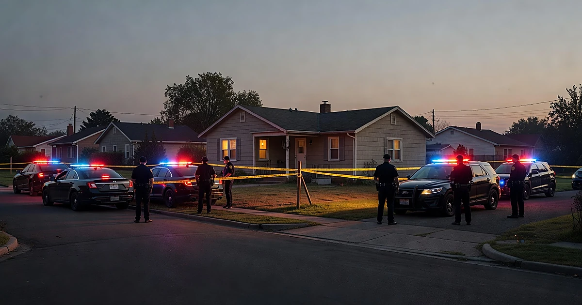 Police vehicles with flashing lights outside a home at dusk with officers shown as silhouettes behind crime scene tape