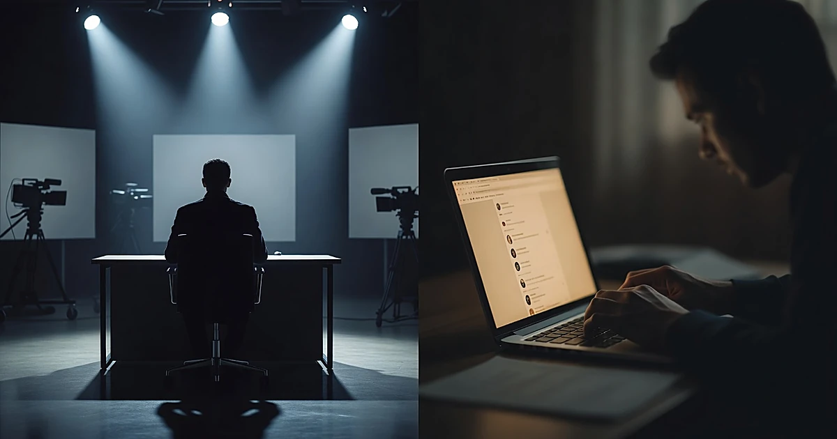 Split scene showing TV studio silhouette on left and person at laptop in shadows on right, divided by vertical line