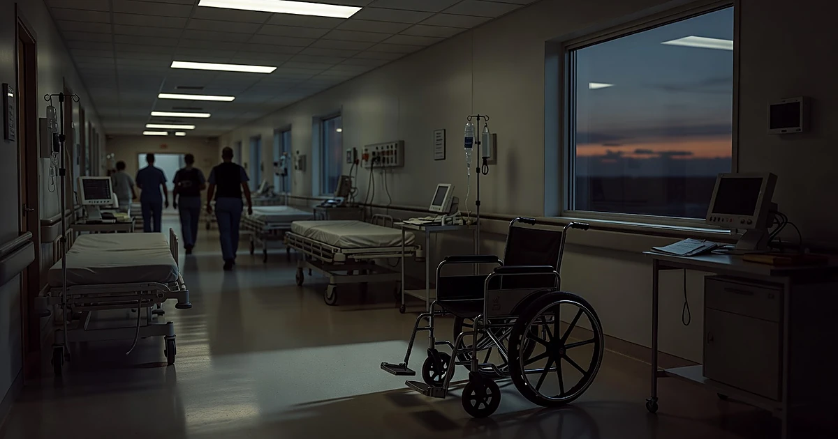 Silhouetted medical staff in hospital corridor with wheelchair and medical equipment in dim lighting