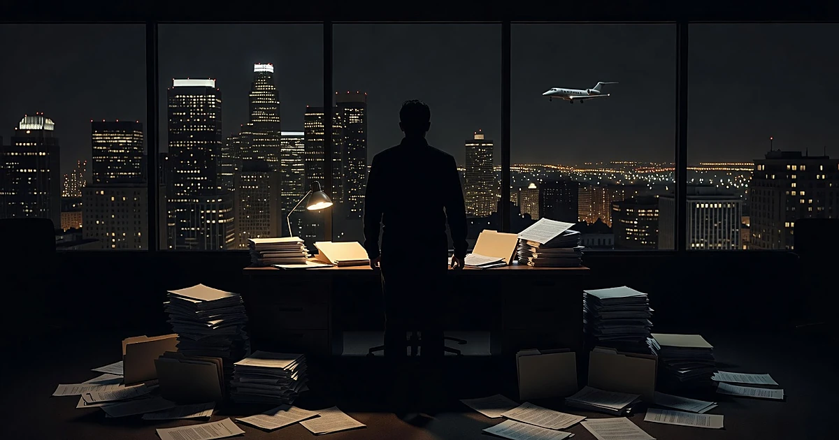 Silhouetted figure at desk with scattered documents in dark office overlooking city skyline at night